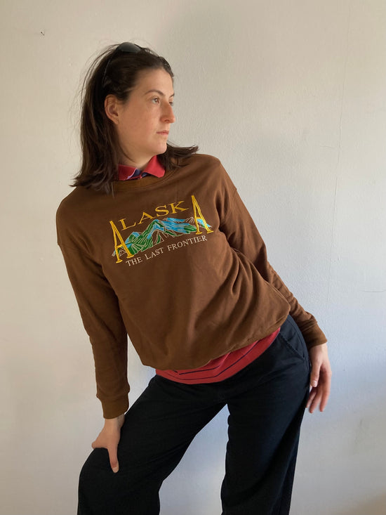 Sweater Vintage 90s Brown Front Stitch Graphic Unisex – M