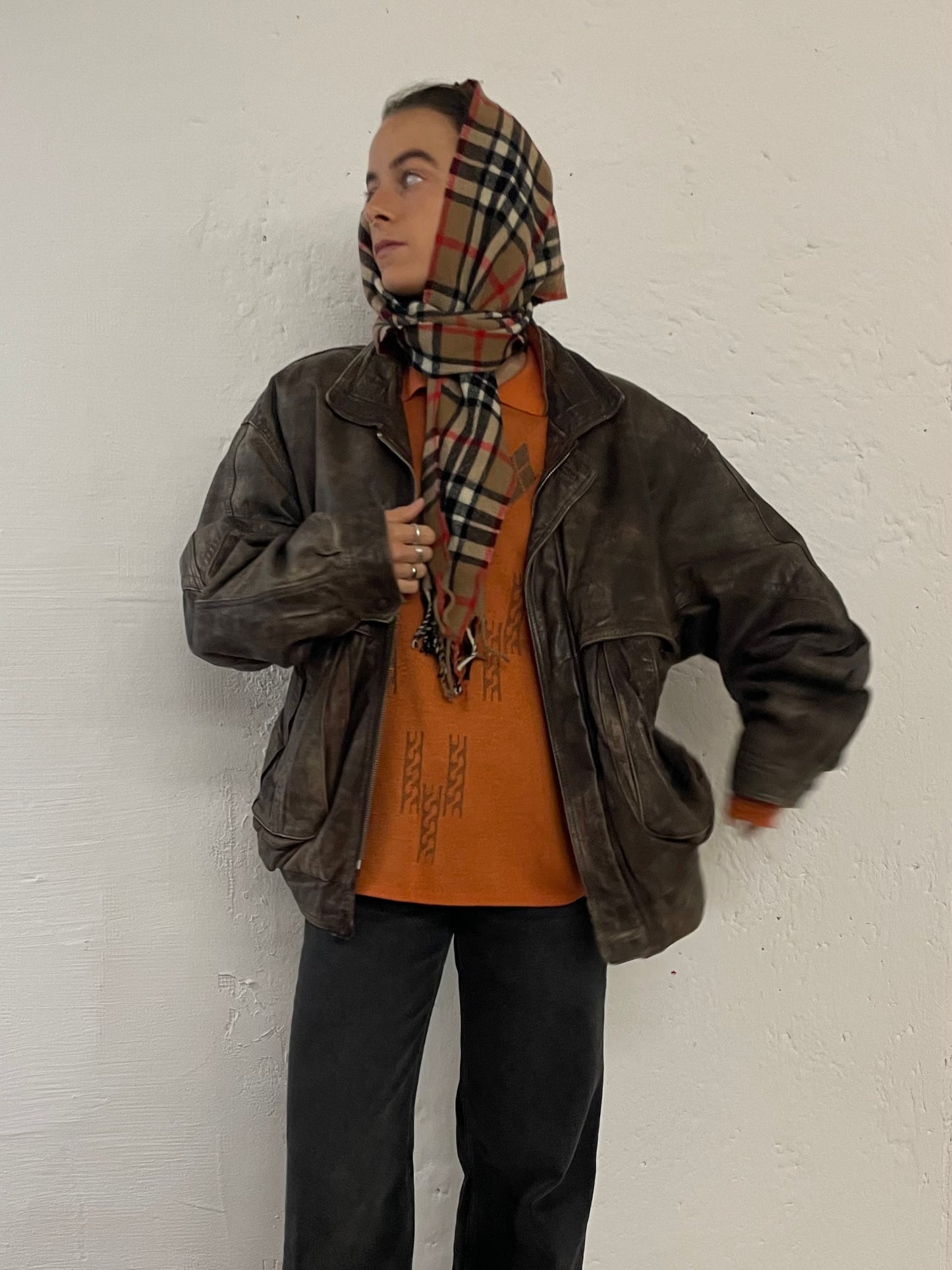 Vintage Trapper Leather Jacket Dark Brown Oversized Unisex - L