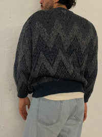 Vintage Virgin Wool Winter Oversized Cardigan Blue/Grey – L