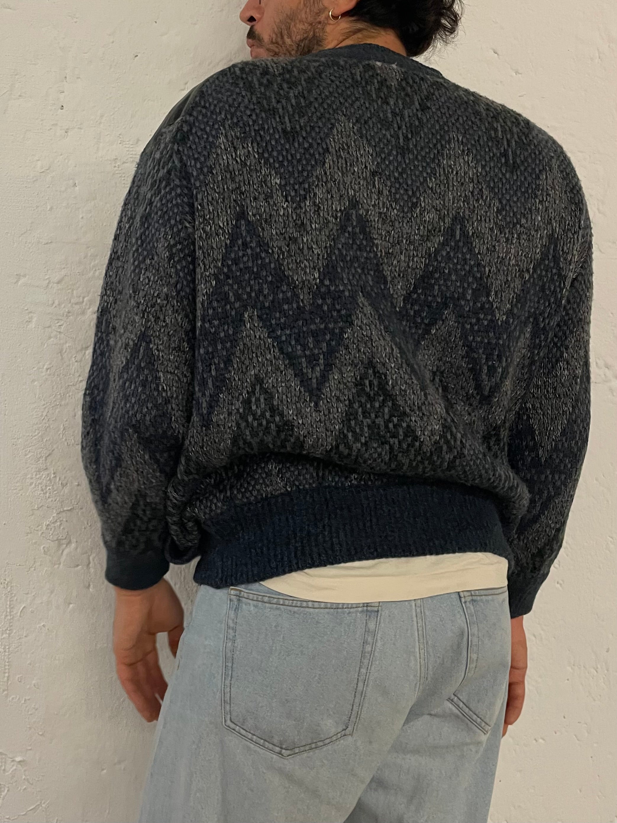 Vintage Virgin Wool Winter Oversized Cardigan Blue/Grey – L