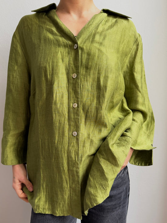 Vintage Nicole Blouse 85% Linen Green Unisex - L