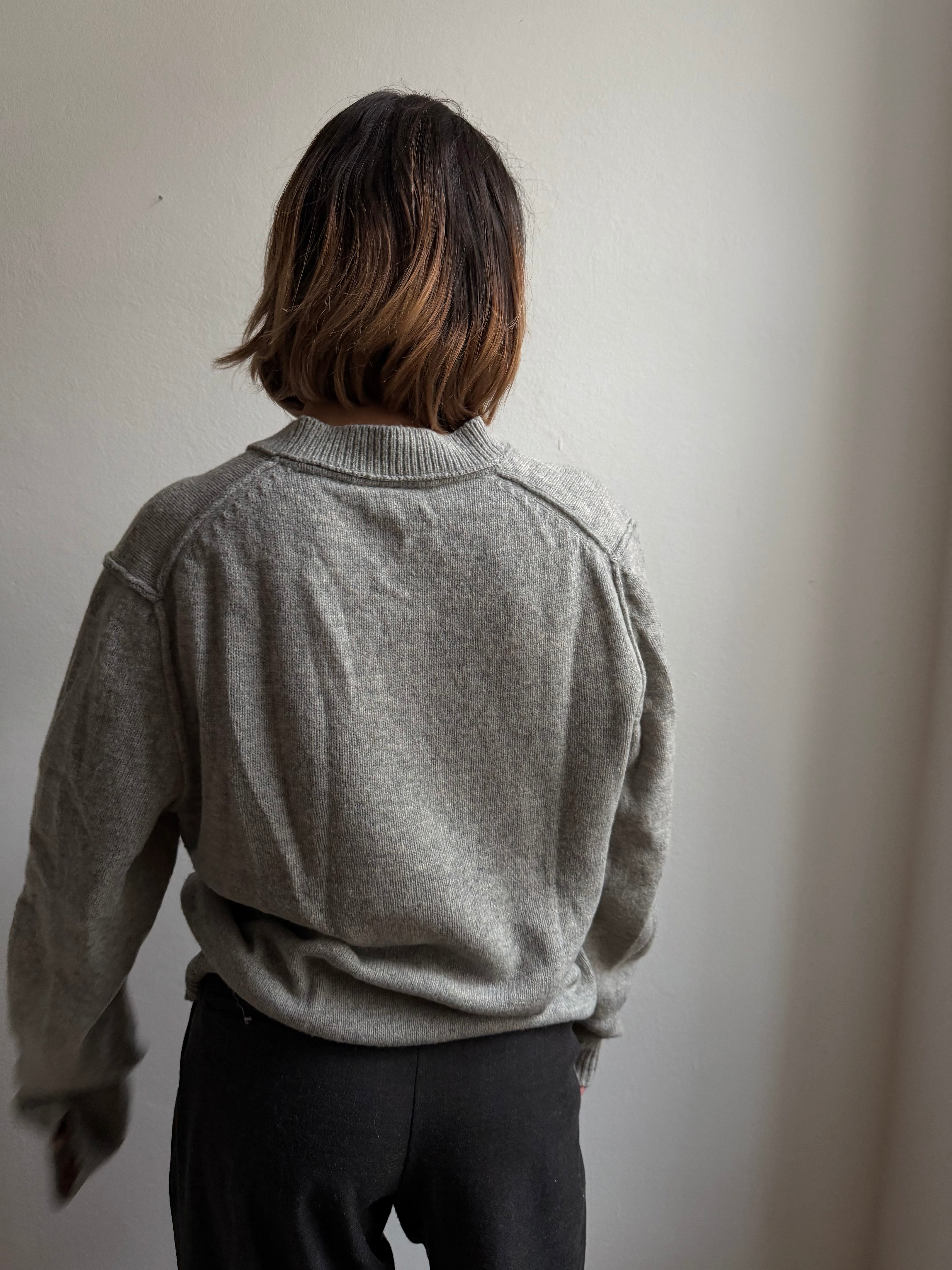 Wool V-Neck Sweater Grey Unisex - L