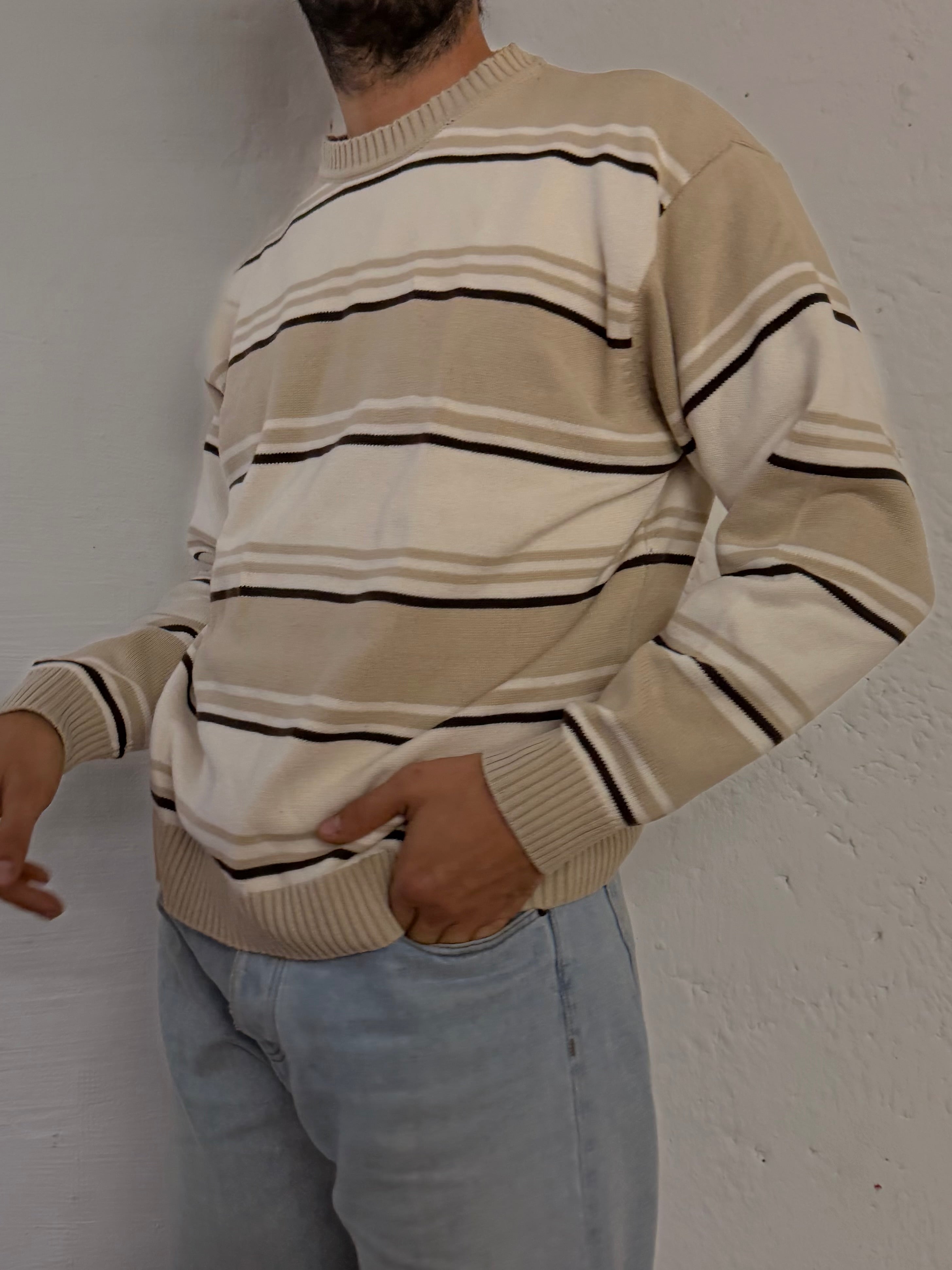 Basic Line Striped Longsleeve Sweater Beige 100% Cotton – L