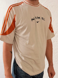 Vintage Unisex T-Shirt Nike Cream Striped Cotton Blend with Orange Details – L