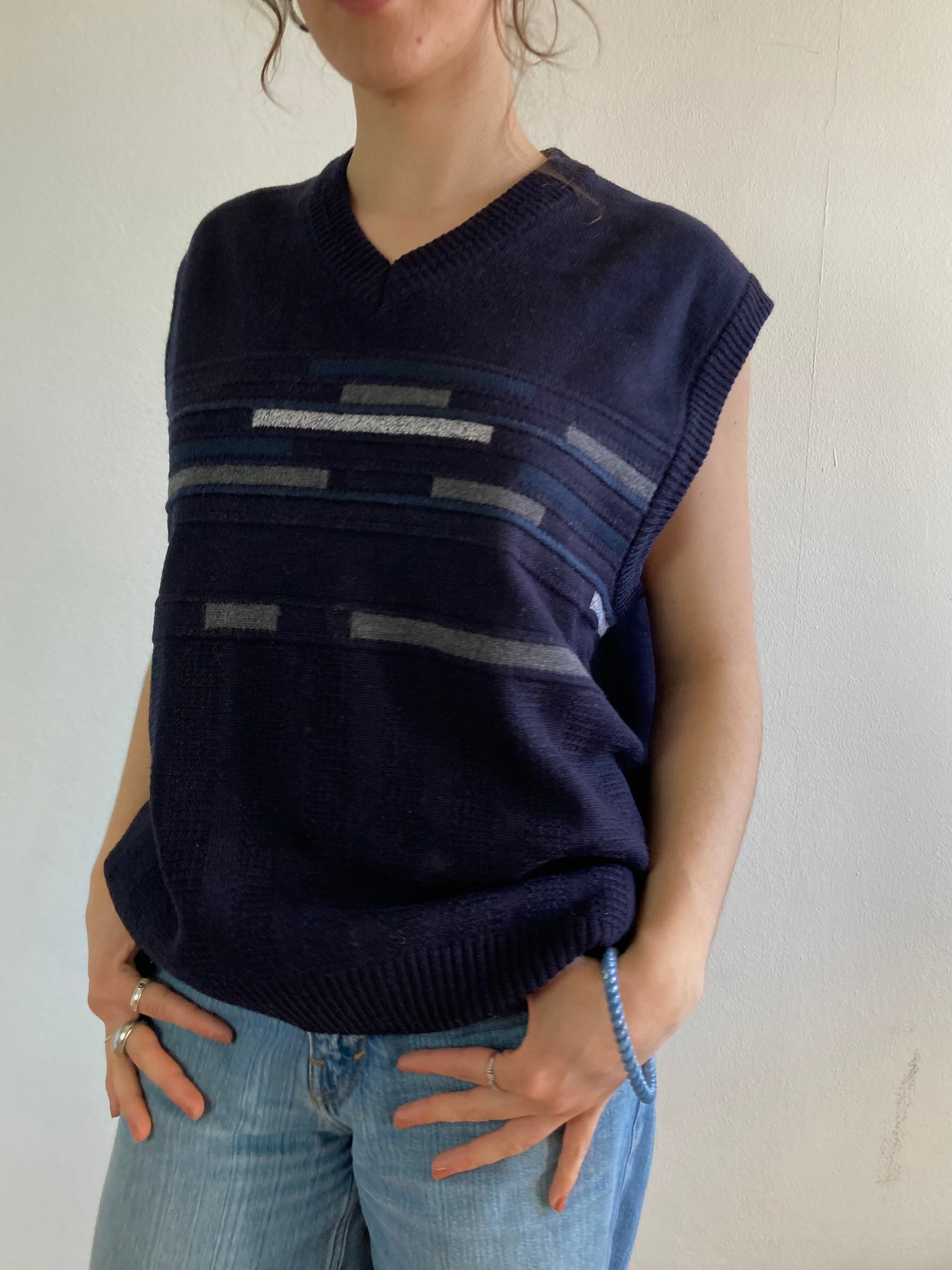 Sweater Wool Vest Vintage Dark Blue Layering Oversized Unisex – M