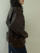 Vintage Oversized Leather Jacket Chocolate Brown Puff Sleeves – M