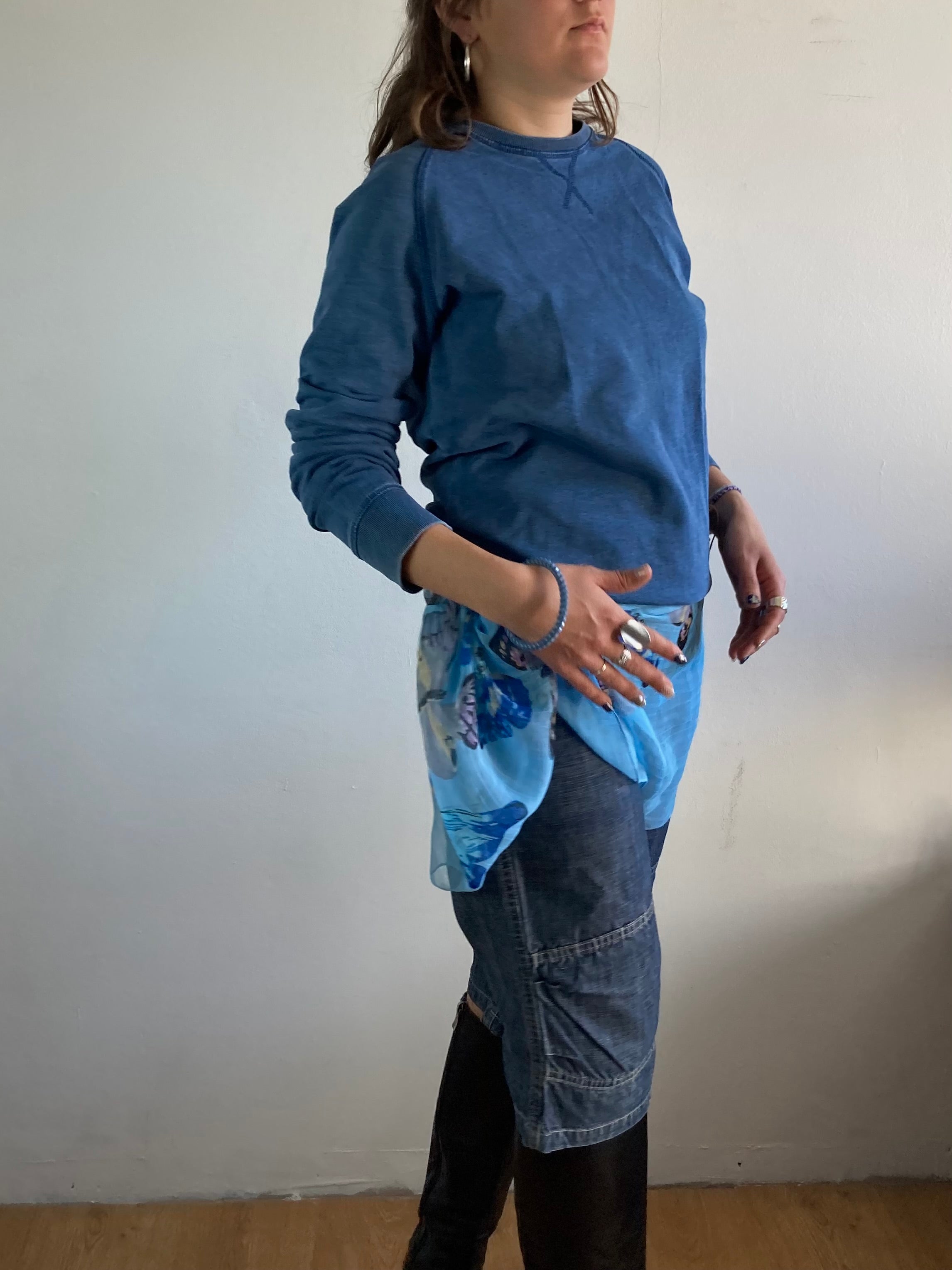 Jeans Vintage Dark Blue Denim 3/4 Pants Pattern Spring Women – S