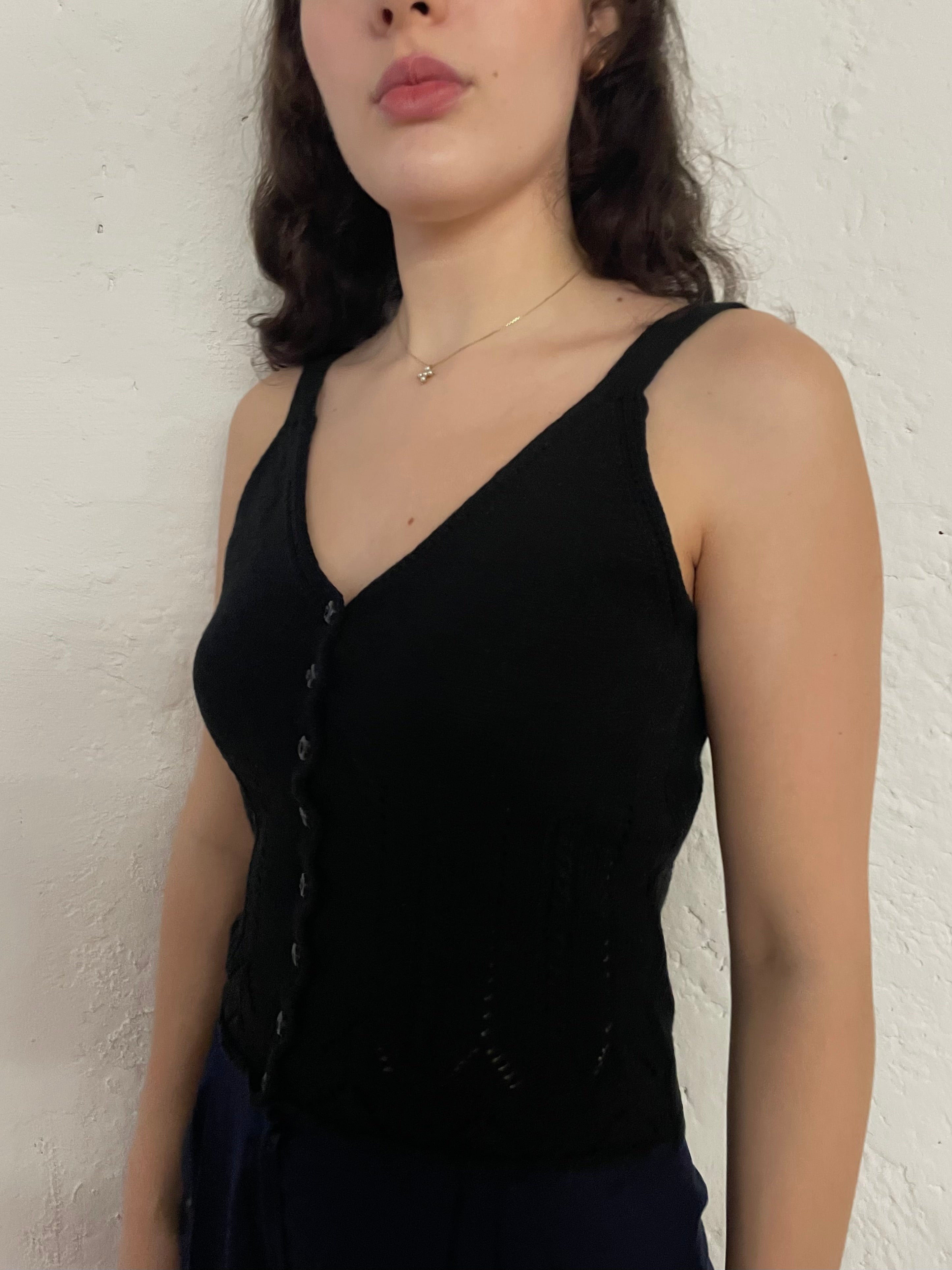 Spaghetti Top Knitwear Black Front Buttons – M