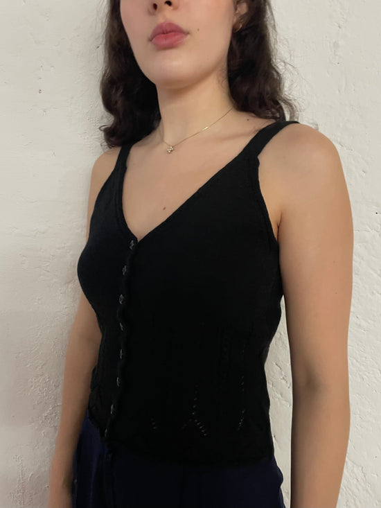 Spaghetti Top Knitwear Black Front Buttons – M