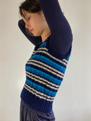 Vest Vintage Striped Wool Layering Blue White Black Unisex Knit – M