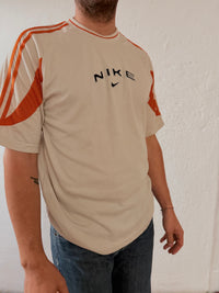 Vintage Unisex T-Shirt Nike Cream Striped Cotton Blend with Orange Details – L