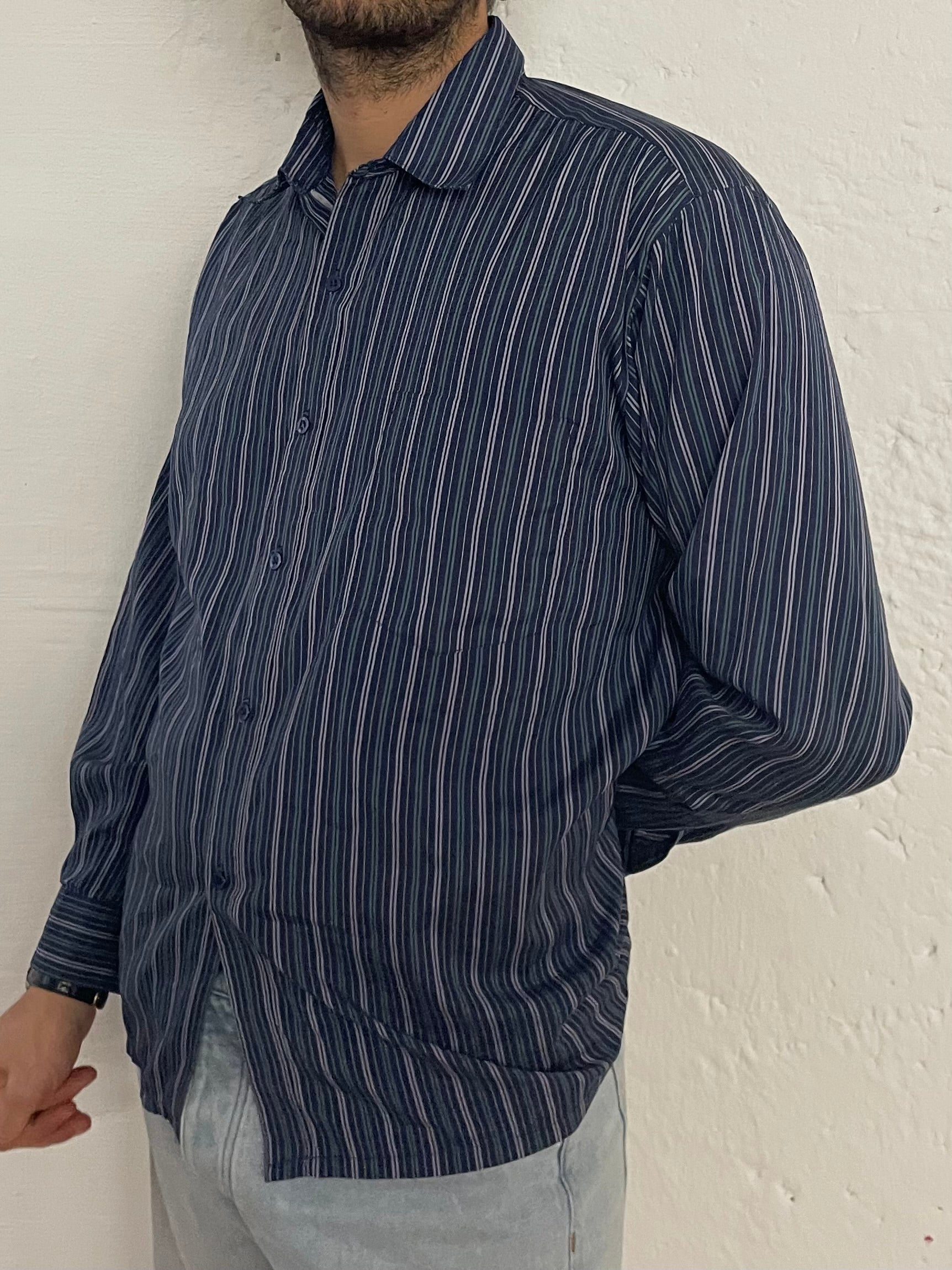 Vintage Yeshi Shirt Long Sleeve Blue Striped – L