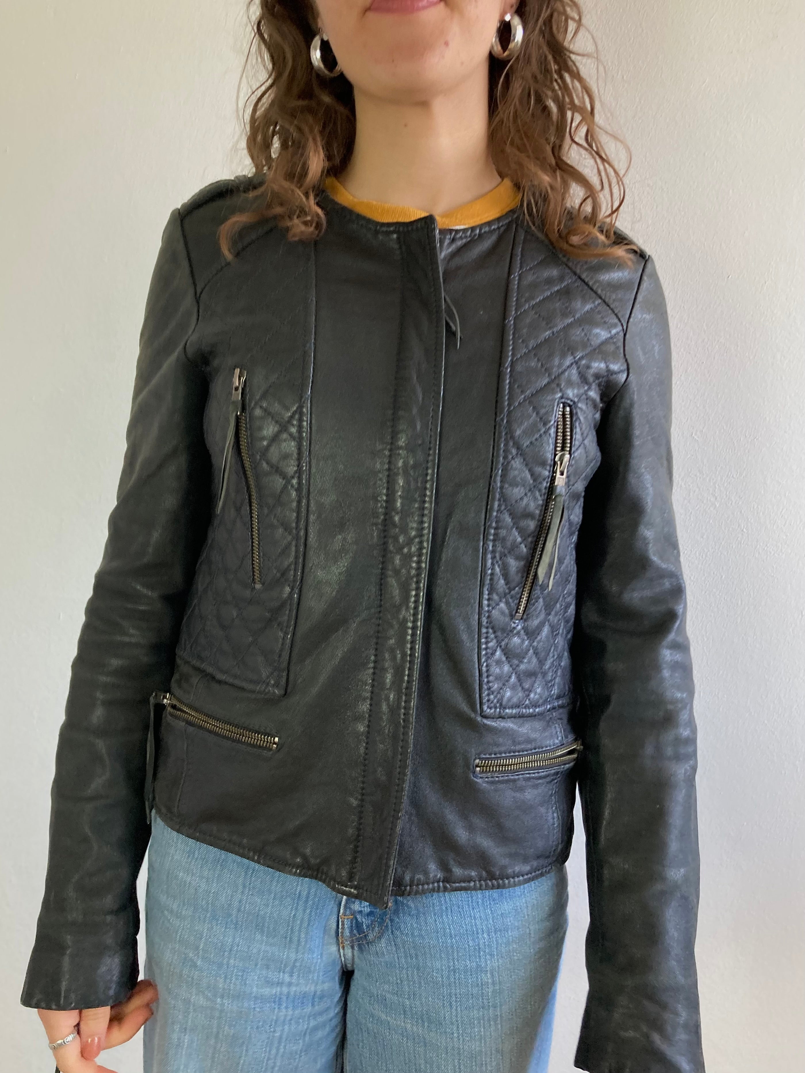 Leather Jacket Vintage Black Genuine Lamb Leather Slim Fit Women – S