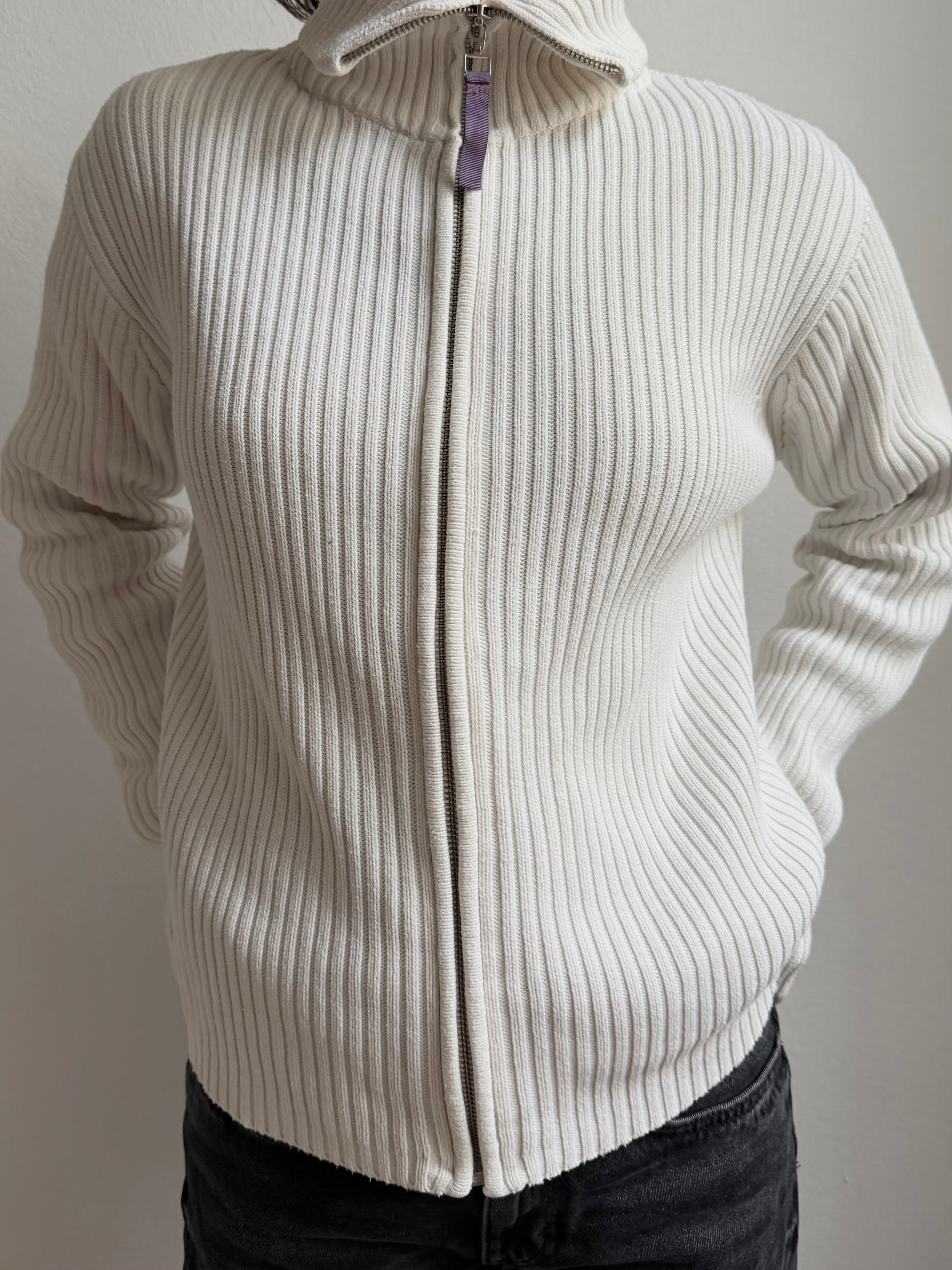 Cardigan Cream White Unisex Turtle Neck - M