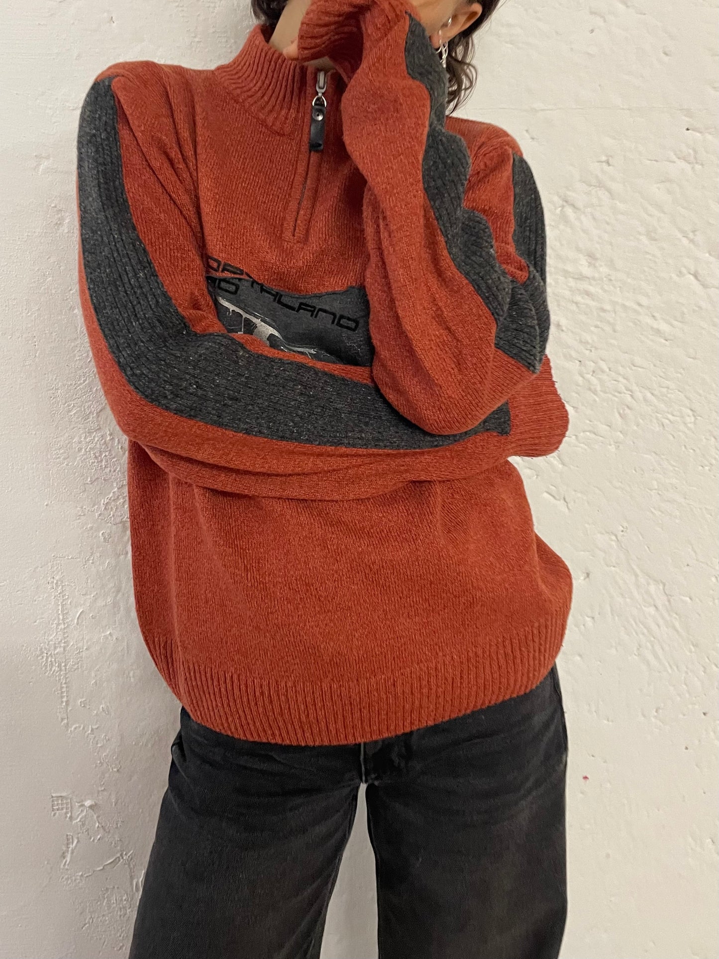 Vintage Wool Zip Pullover Orange Front Pattern – S