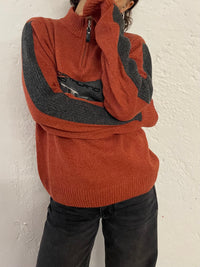 Vintage Wool Zip Pullover Orange Front Pattern – S