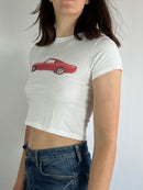 T-Shirt Vintage Cropped Car Front Print White Red Unisex – S/M