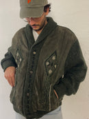 Vintage Oversized Wool Jacket Warm Thick Winter Patterned Green – L