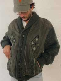 Vintage Oversized Wool Jacket Warm Thick Winter Patterned Green – L