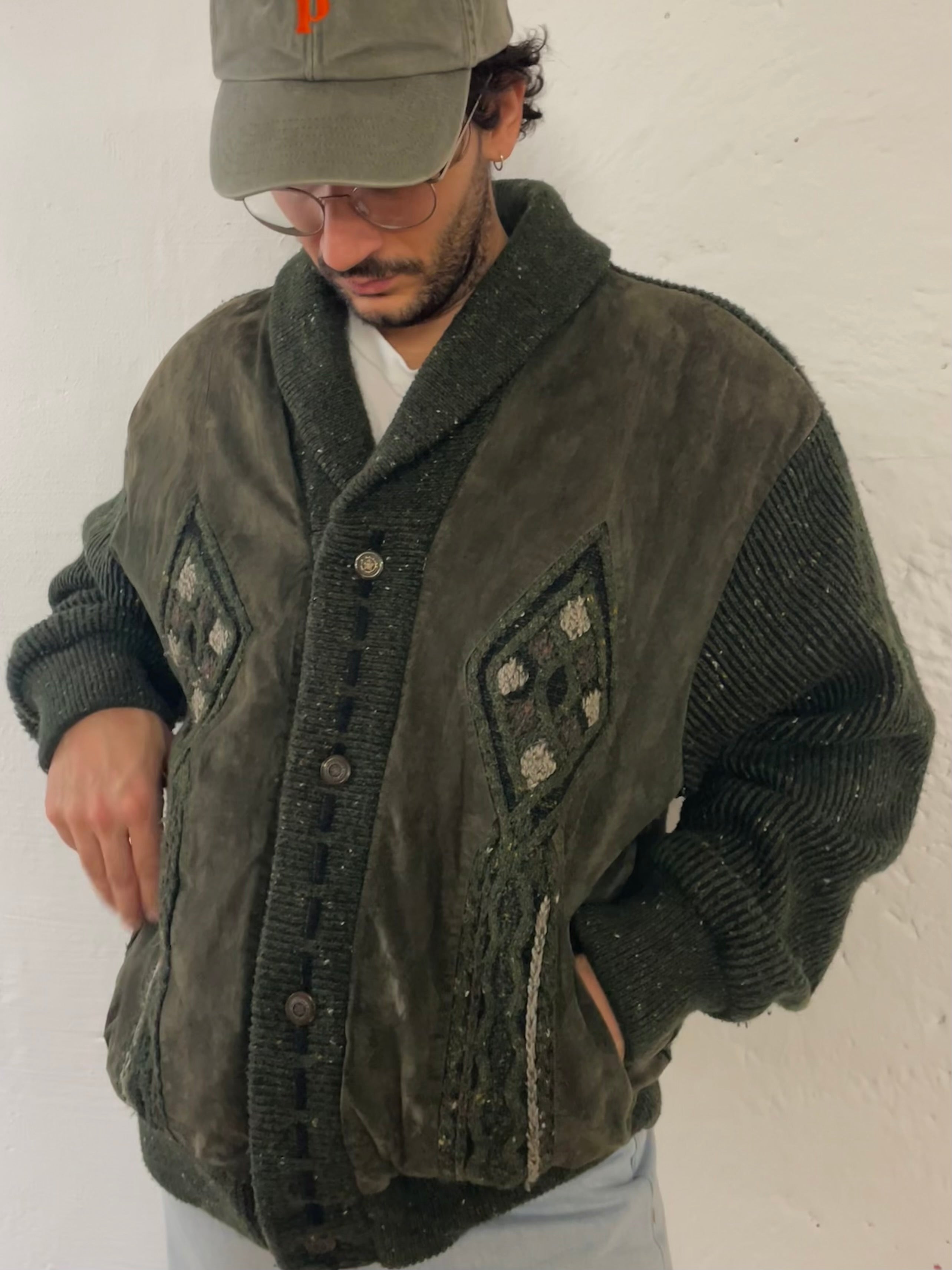 Vintage Oversized Wool Jacket Warm Thick Winter Patterned Green – L