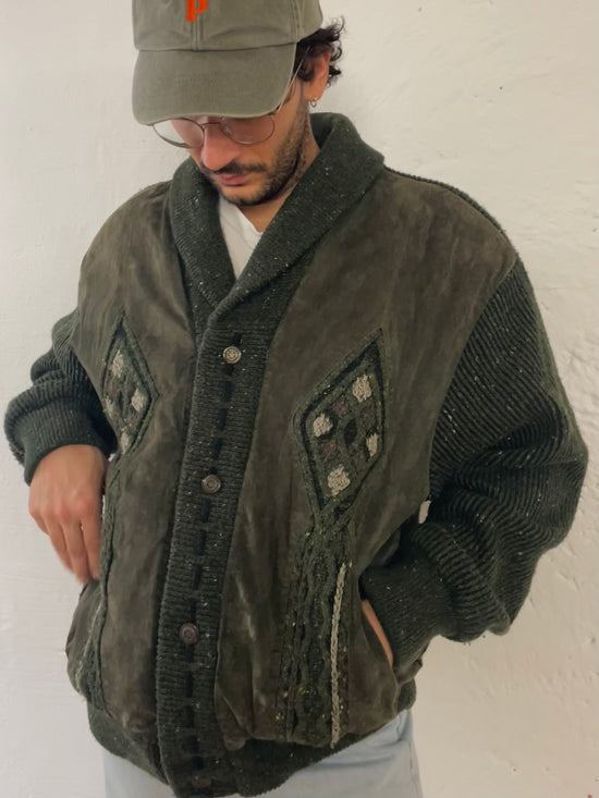 Vintage Oversized Wool Jacket Warm Thick Winter Patterned Green – L