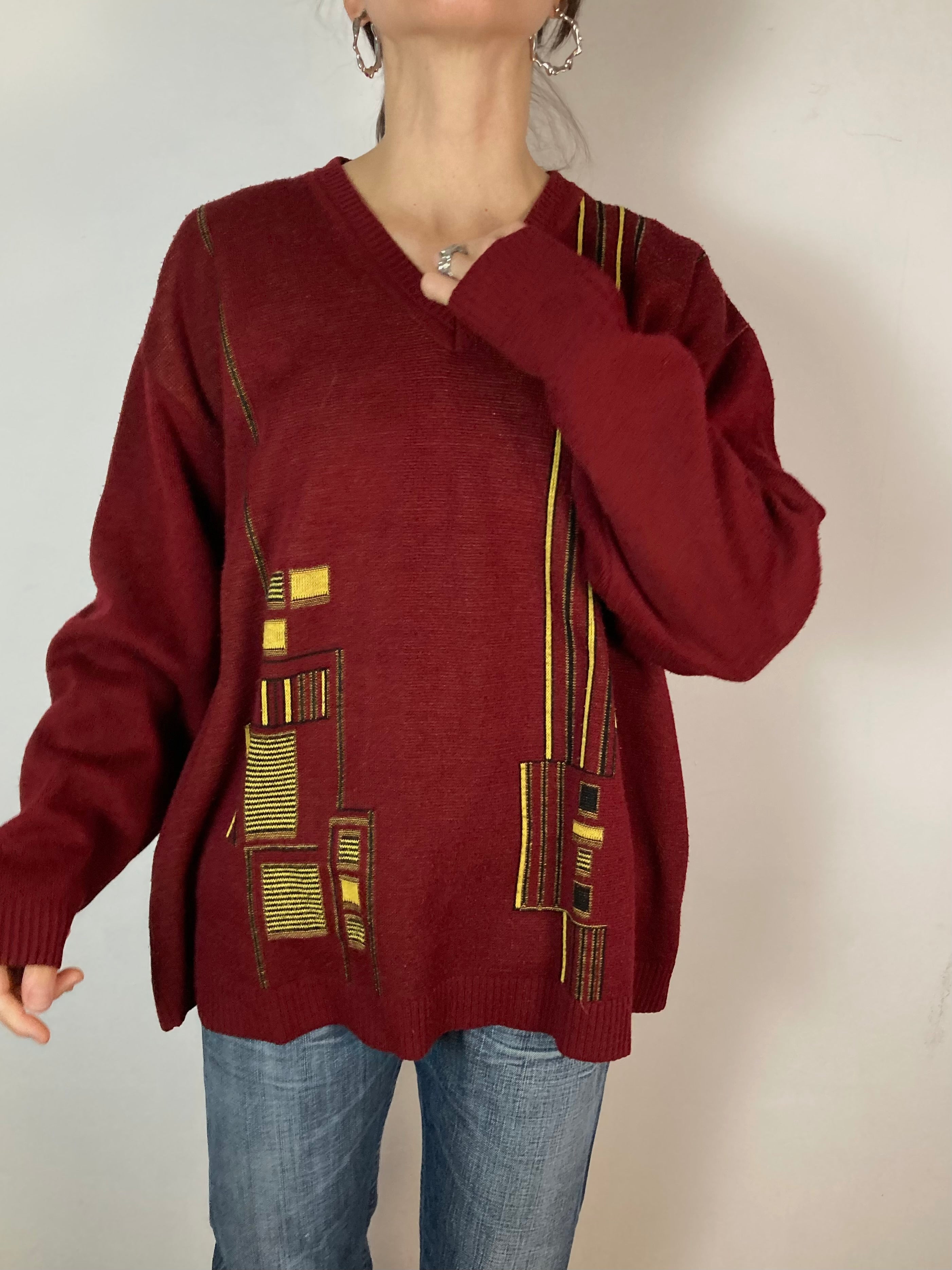 Sweater Vintage Red Yellow Oversized Long Sleeve Unisex – M