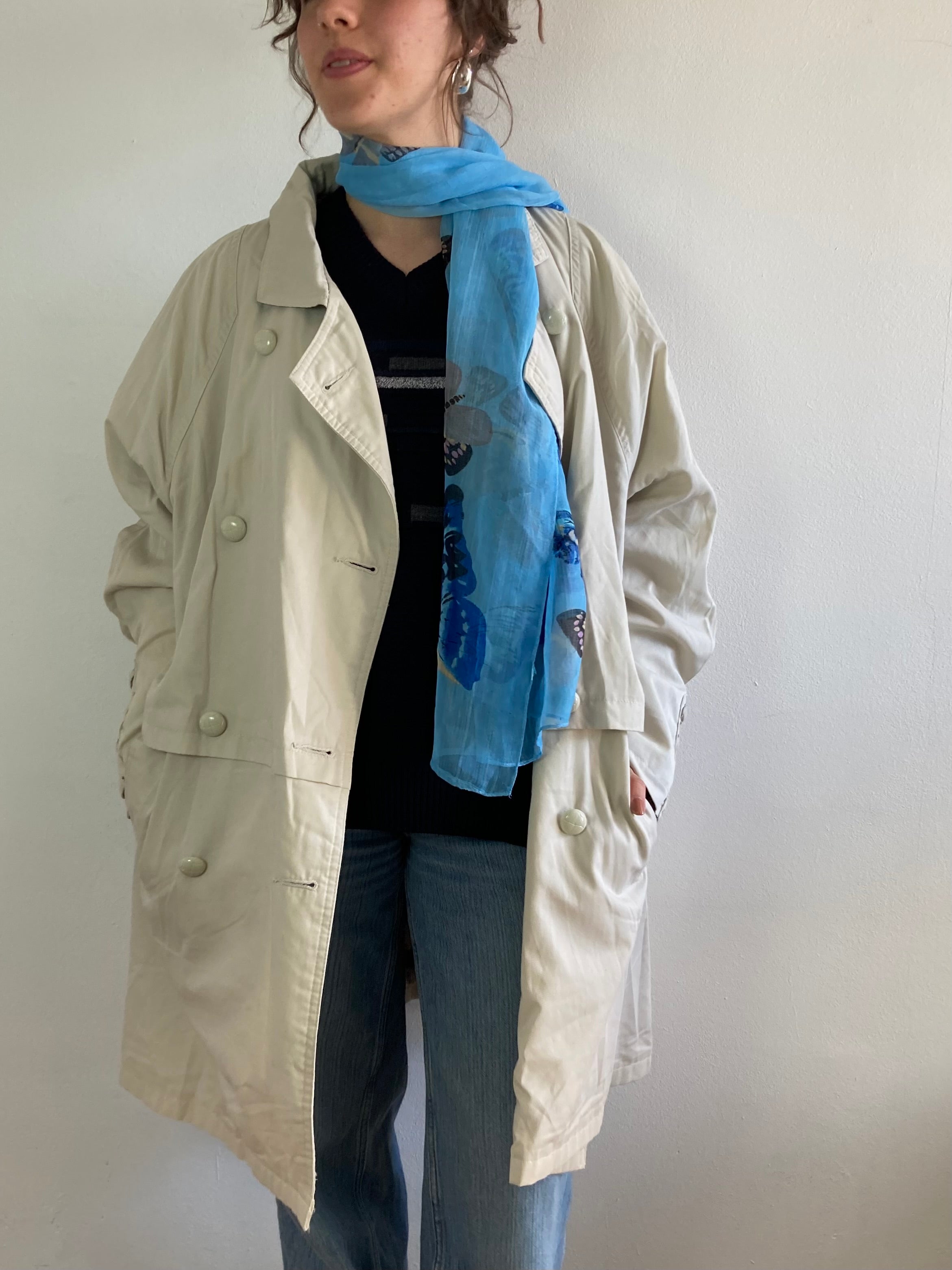 Trench Coat Vintage Cream Beige Trench Oversized Spring Patterned Women – M
