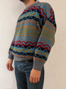 Vintage Oversized Wool Blend Pullover Multicolor Blue Yellow & Red Unisex – L