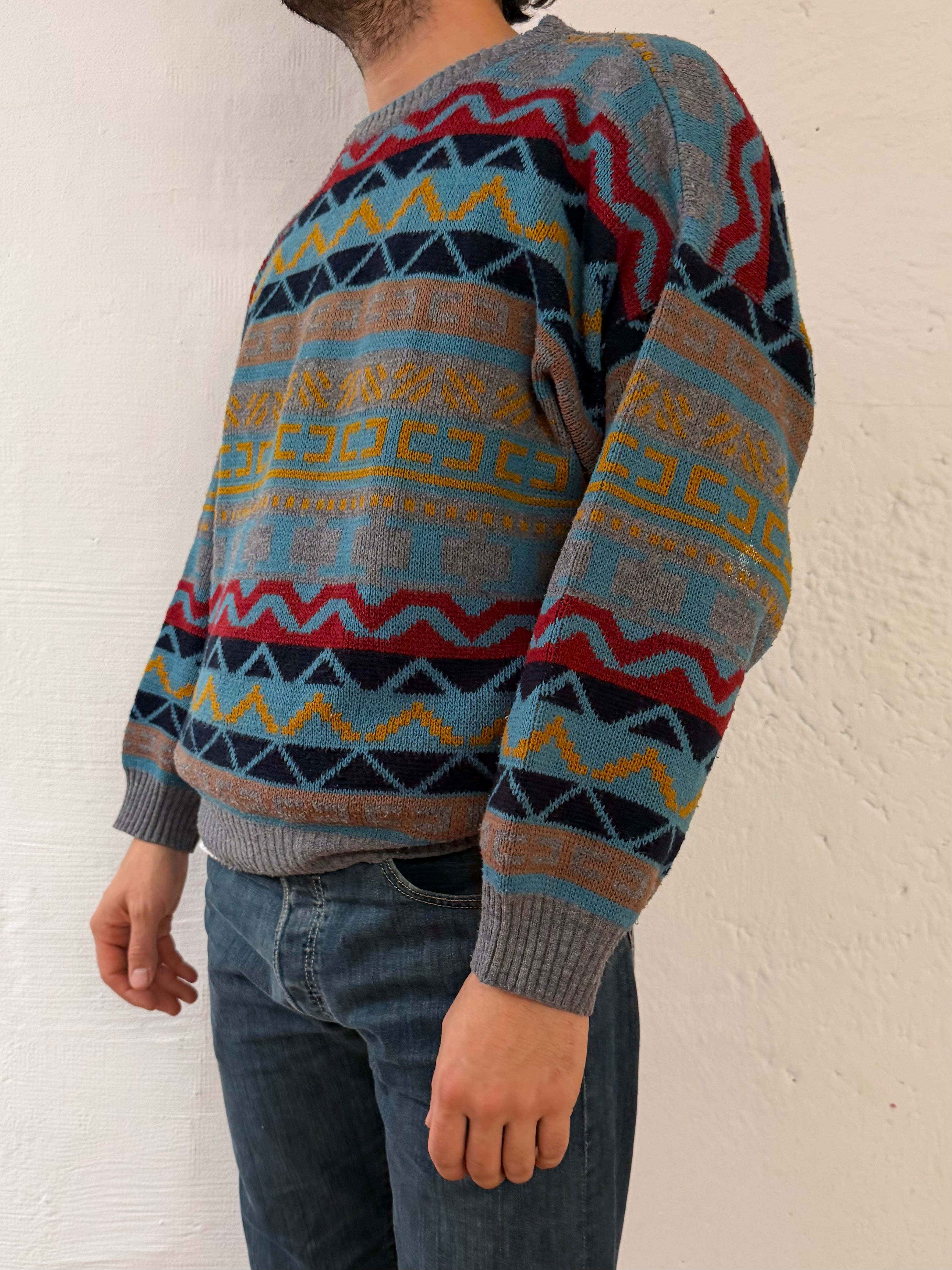 Vintage Oversized Wool Blend Pullover Multicolor Blue Yellow & Red Unisex – L