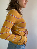 Shirt Vintage Yellow Ochre Striped Longsleeve Slim Fit Women – S