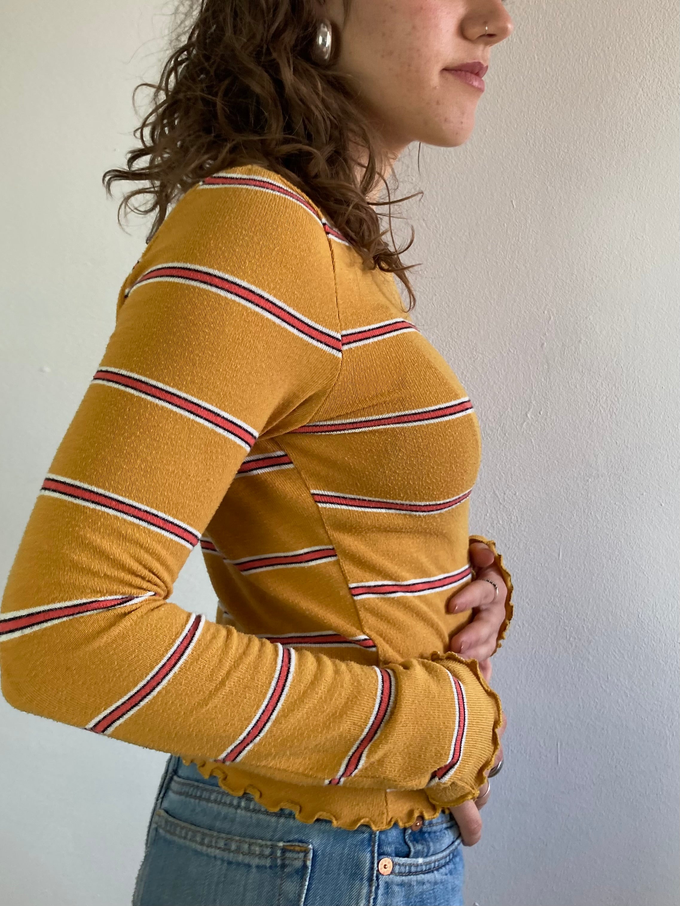 Shirt Vintage Yellow Ochre Striped Longsleeve Slim Fit Women – S