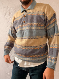 Vintage Oversized Polo Armand Thiery Blue & Cream Striped Wool Blend – XL