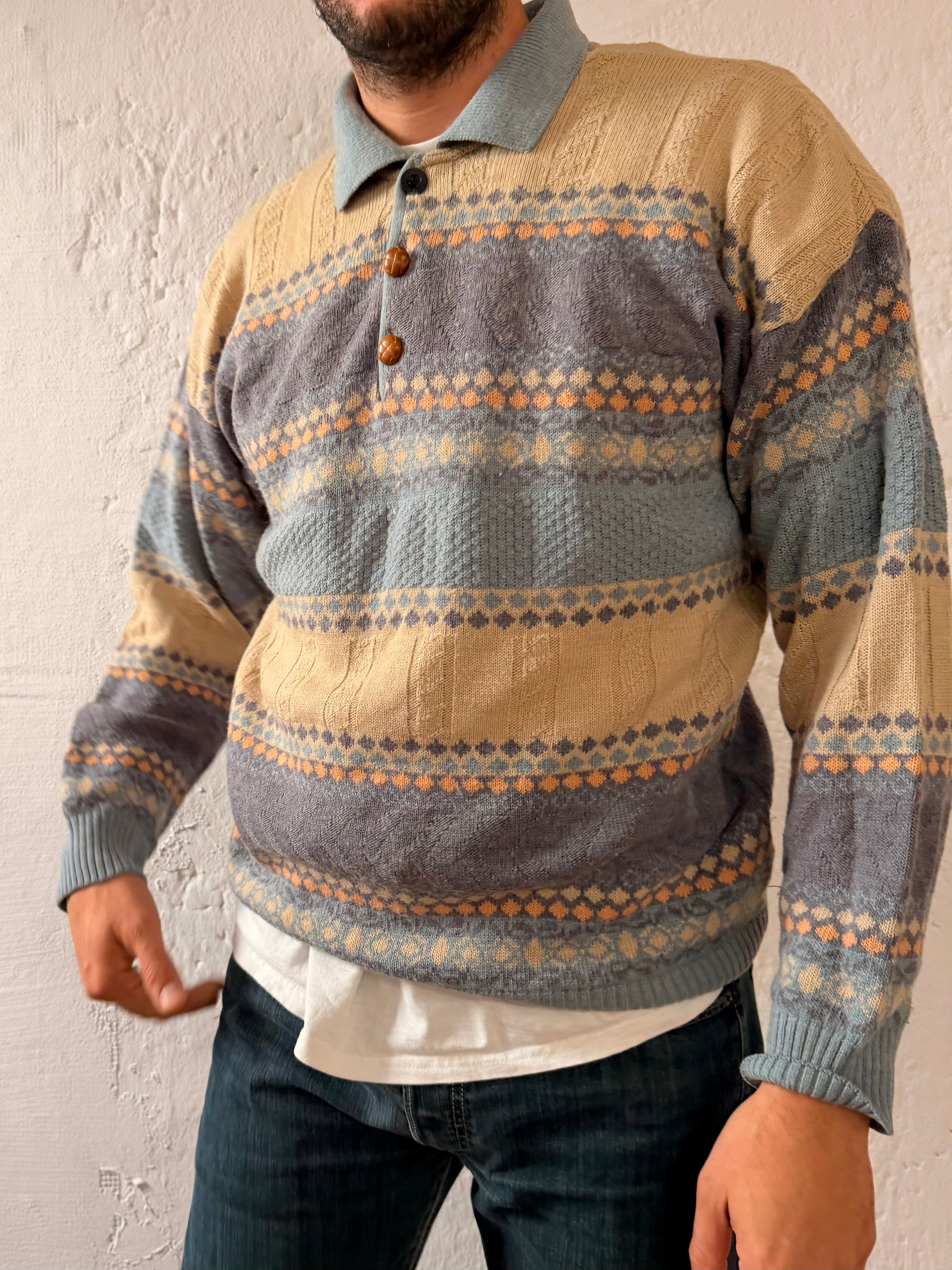 Vintage Oversized Polo Armand Thiery Blue & Cream Striped Wool Blend – XL