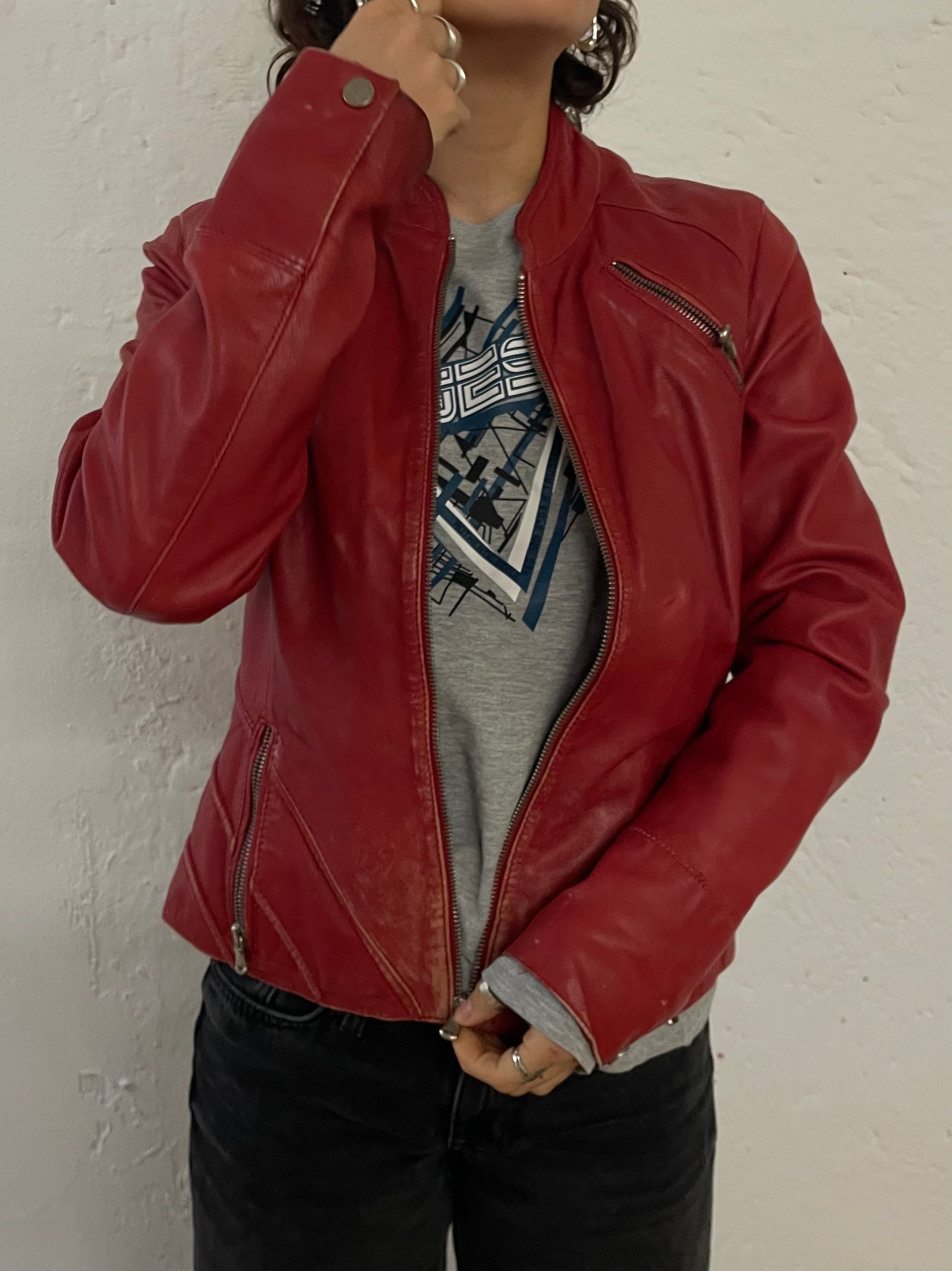 Vintage Arma Leather Biker Jacket Fitted Red Beautiful Patterns – S