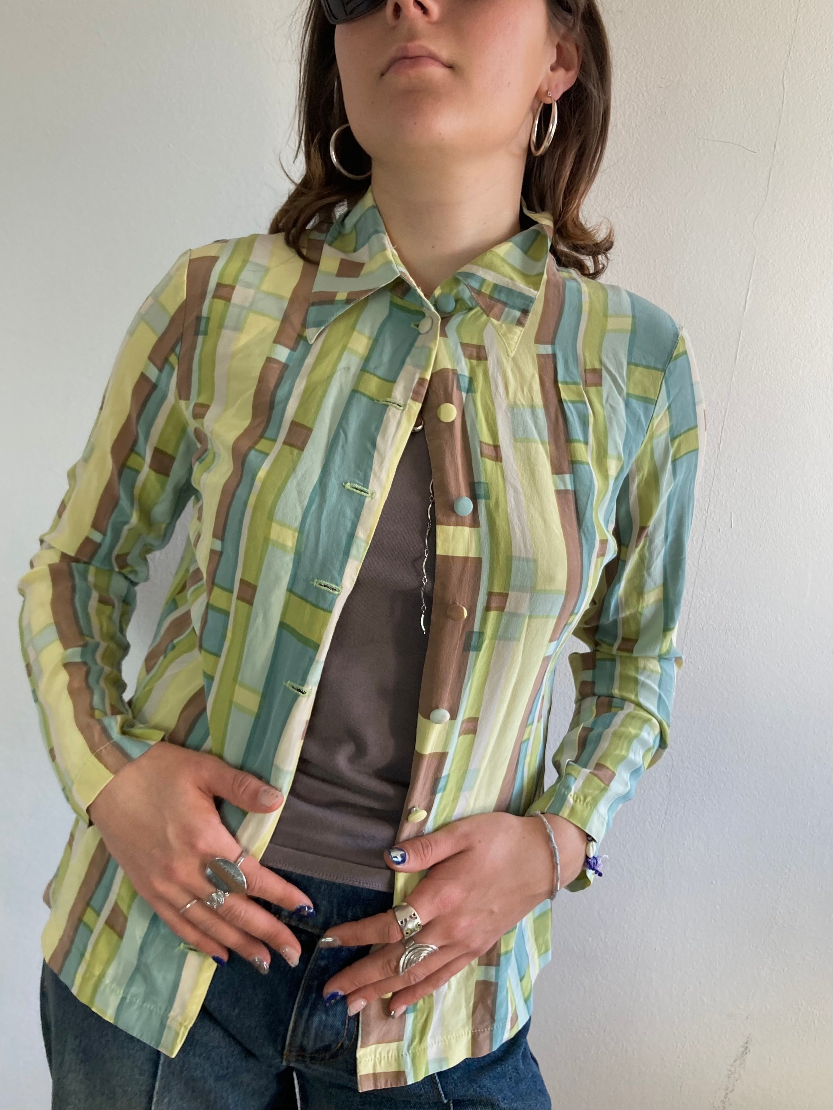 Blouse Vintage Y2K Green Brown Plaid Button Detail Longsleeve Slim Fit Women – M