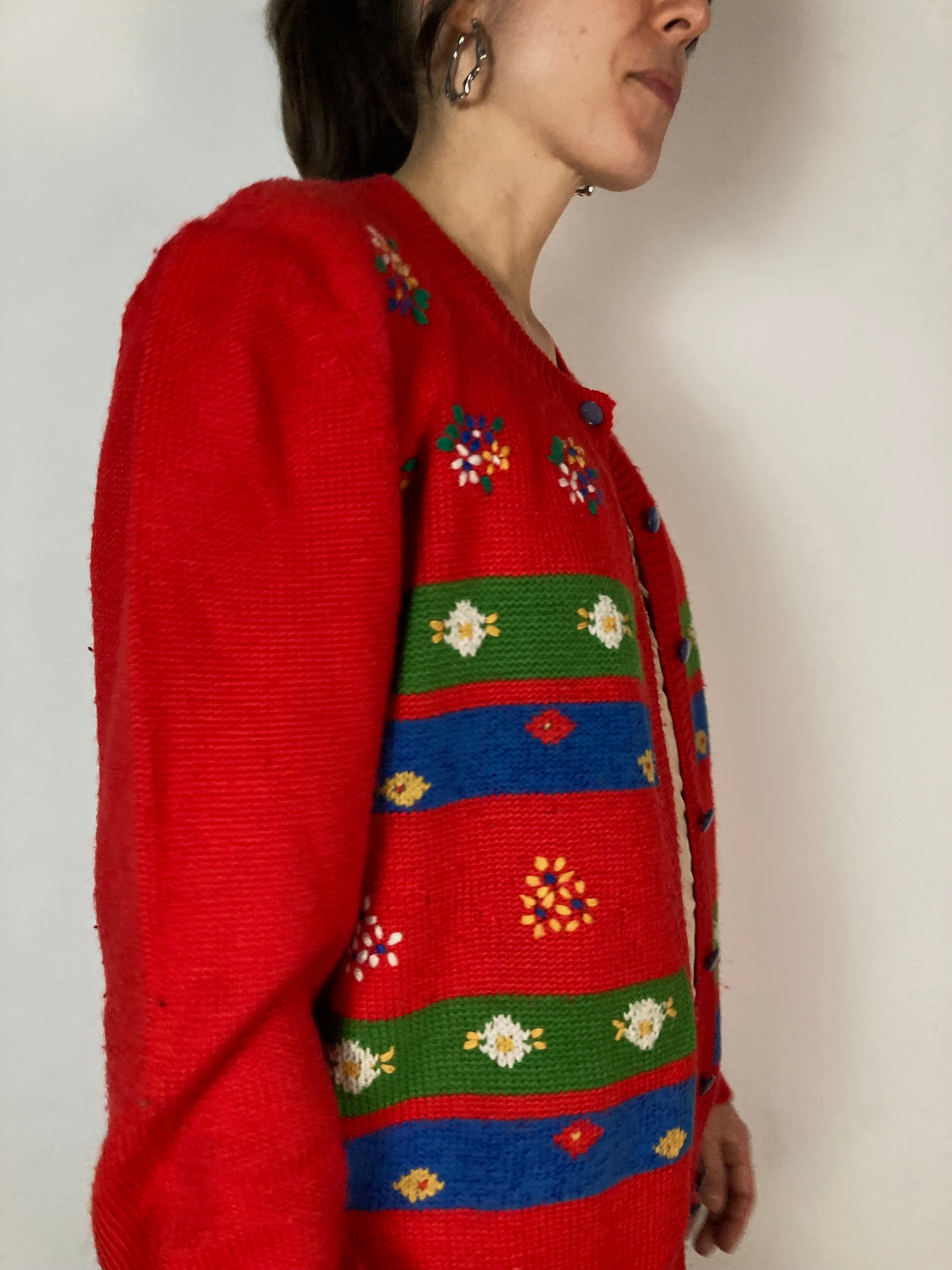 Cardigan Vintage Pattern Front Red Oversized Long Sleeve Women Jacket – M