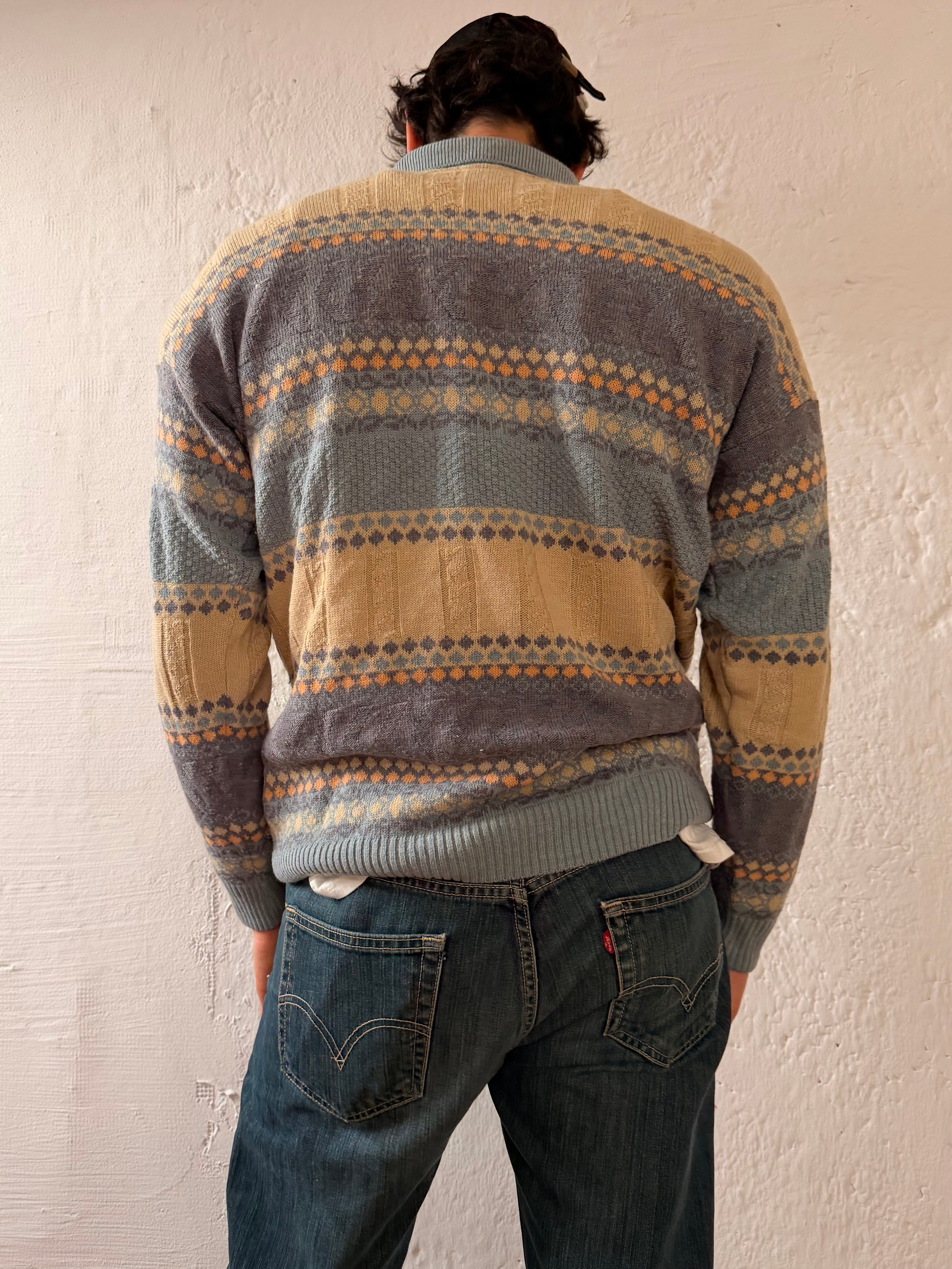 Vintage Oversized Polo Armand Thiery Blue & Cream Striped Wool Blend – XL