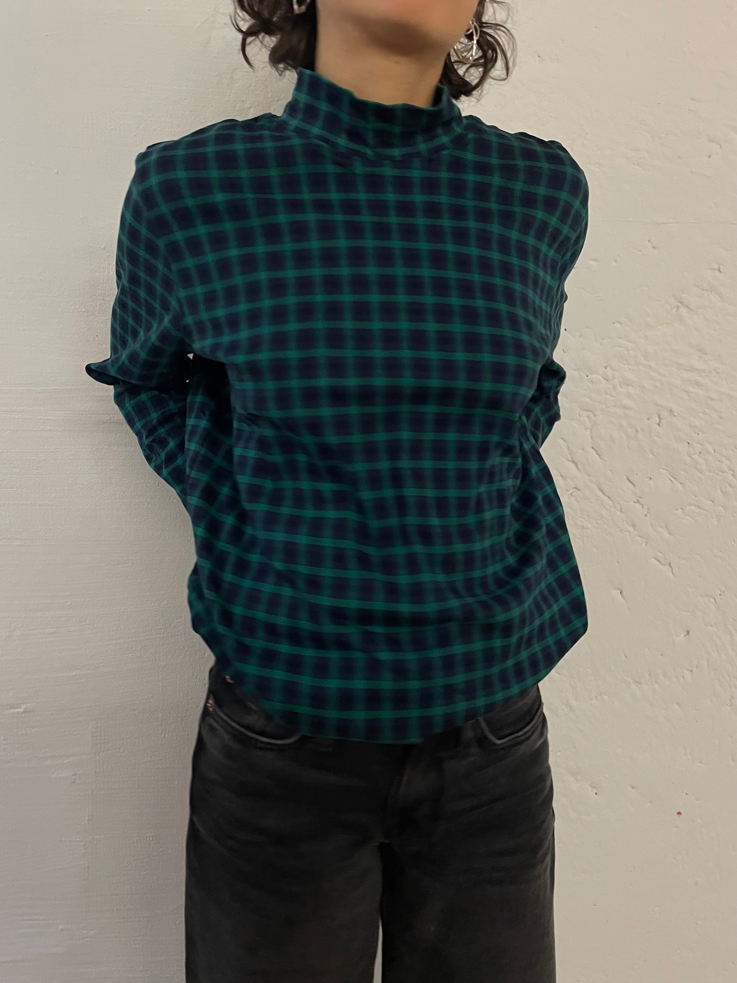 Vintage Lands’ End Checked Long Sleeve Shirt Turtleneck Collar Green & Black – M