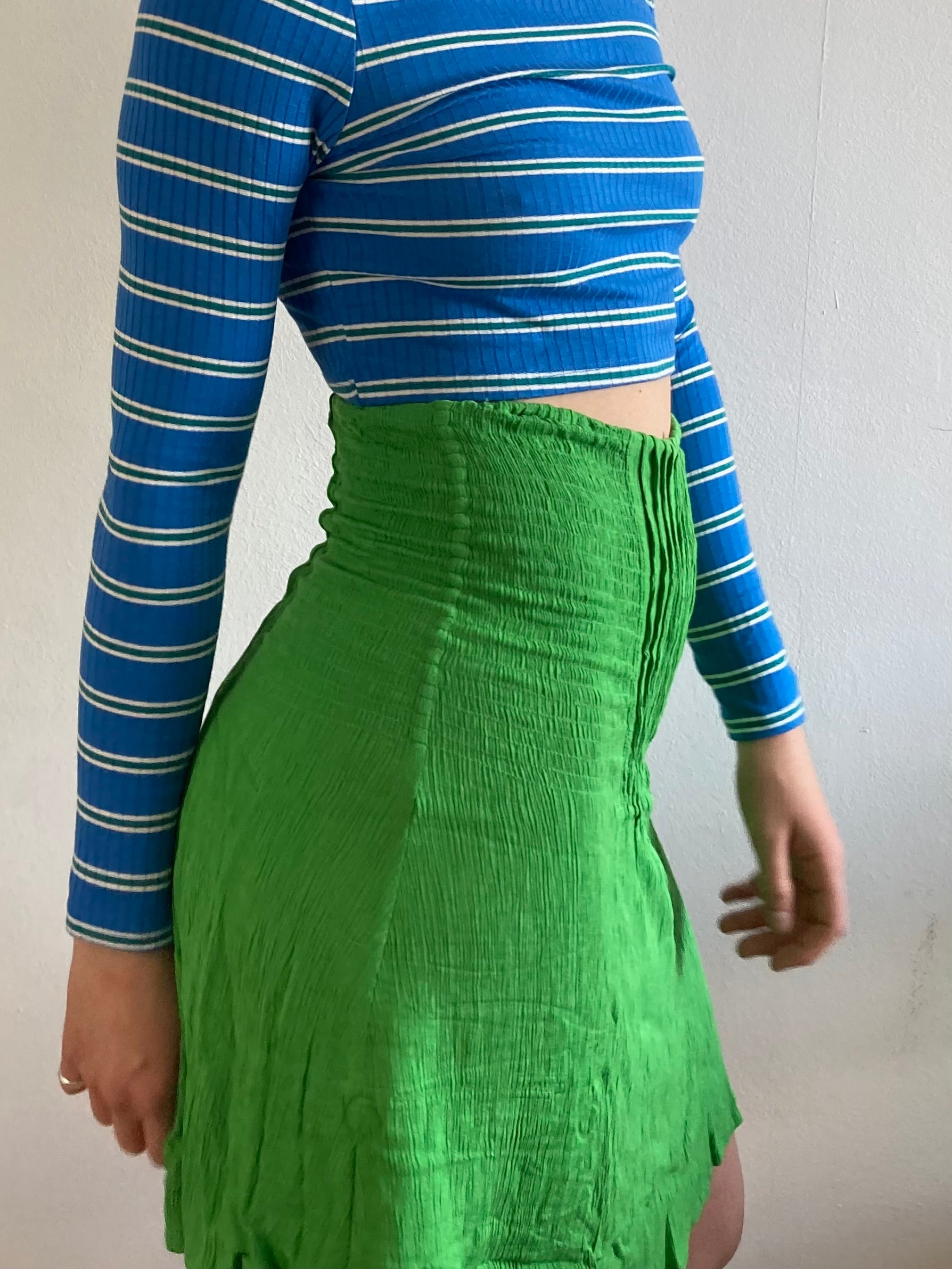 Vintage Skirt Grunge Green Patterned Elastic Waist Flared Hem – M