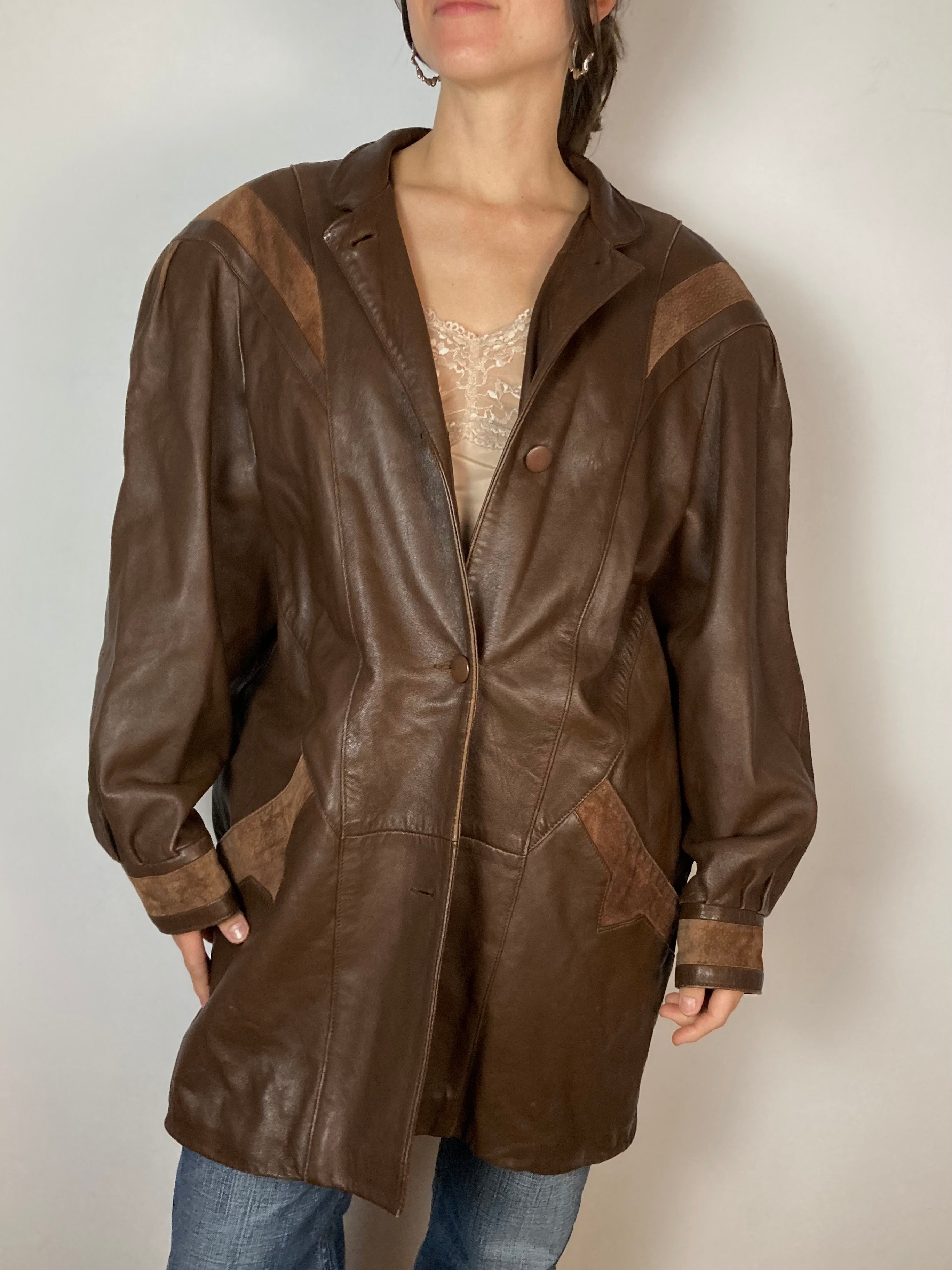 Jacket Vintage Keginapary Leather Coat Brown Plush Sleeve Women – M/L