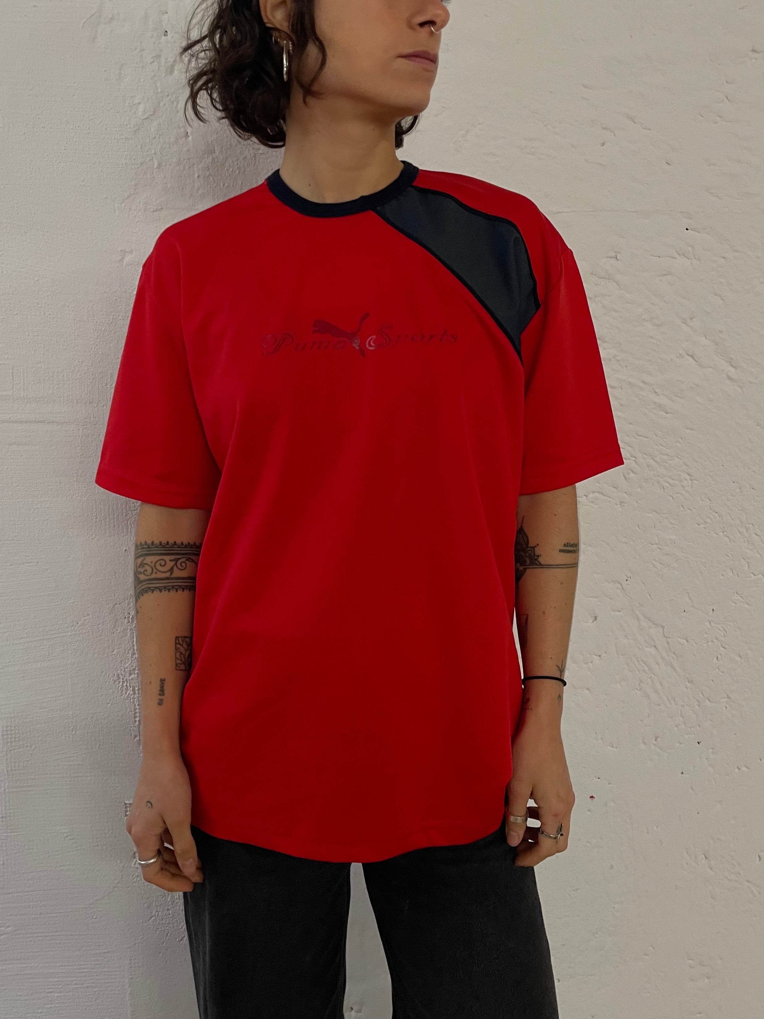 Vintage Puma Sport Shirt Front Print Red/Black – L