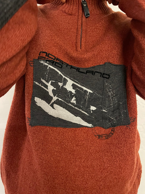 Vintage Wool Zip Pullover Orange Front Pattern – S