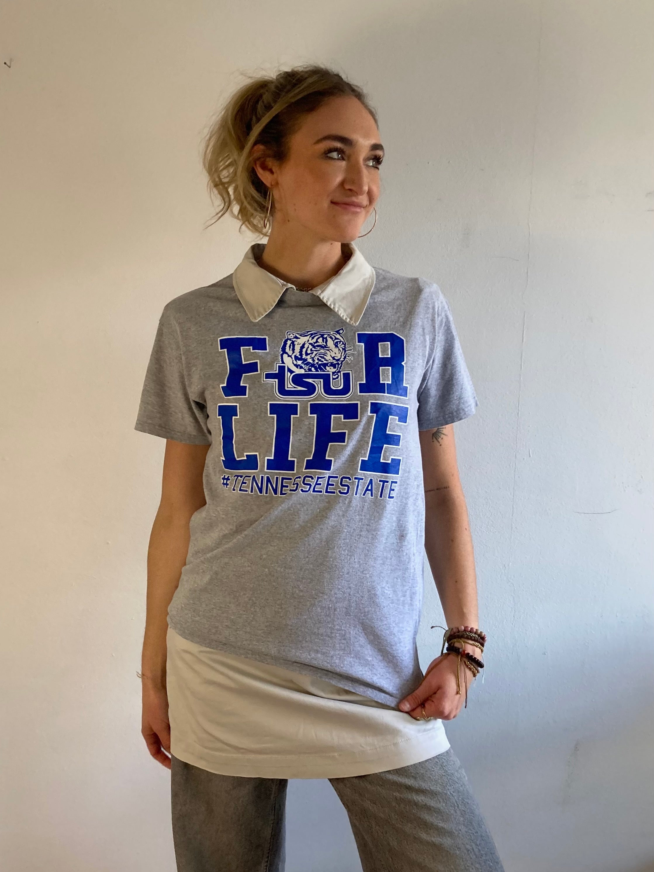 T-Shirt Vintage University Logo Front Print Grey Blue – M