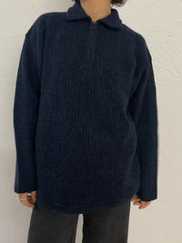 Vintage Dark Blue Wool Sweater Zip Collar High Neck – M