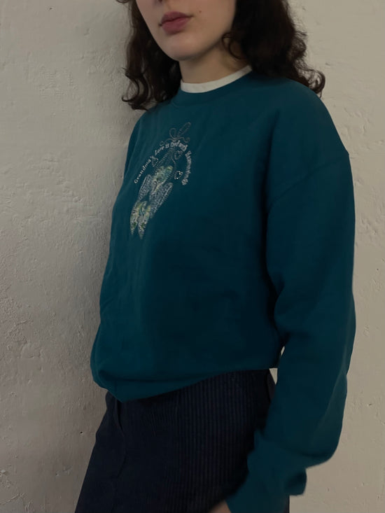 Vintage Sweater Turquoise Front Patch & Grandma Glitter Print – M