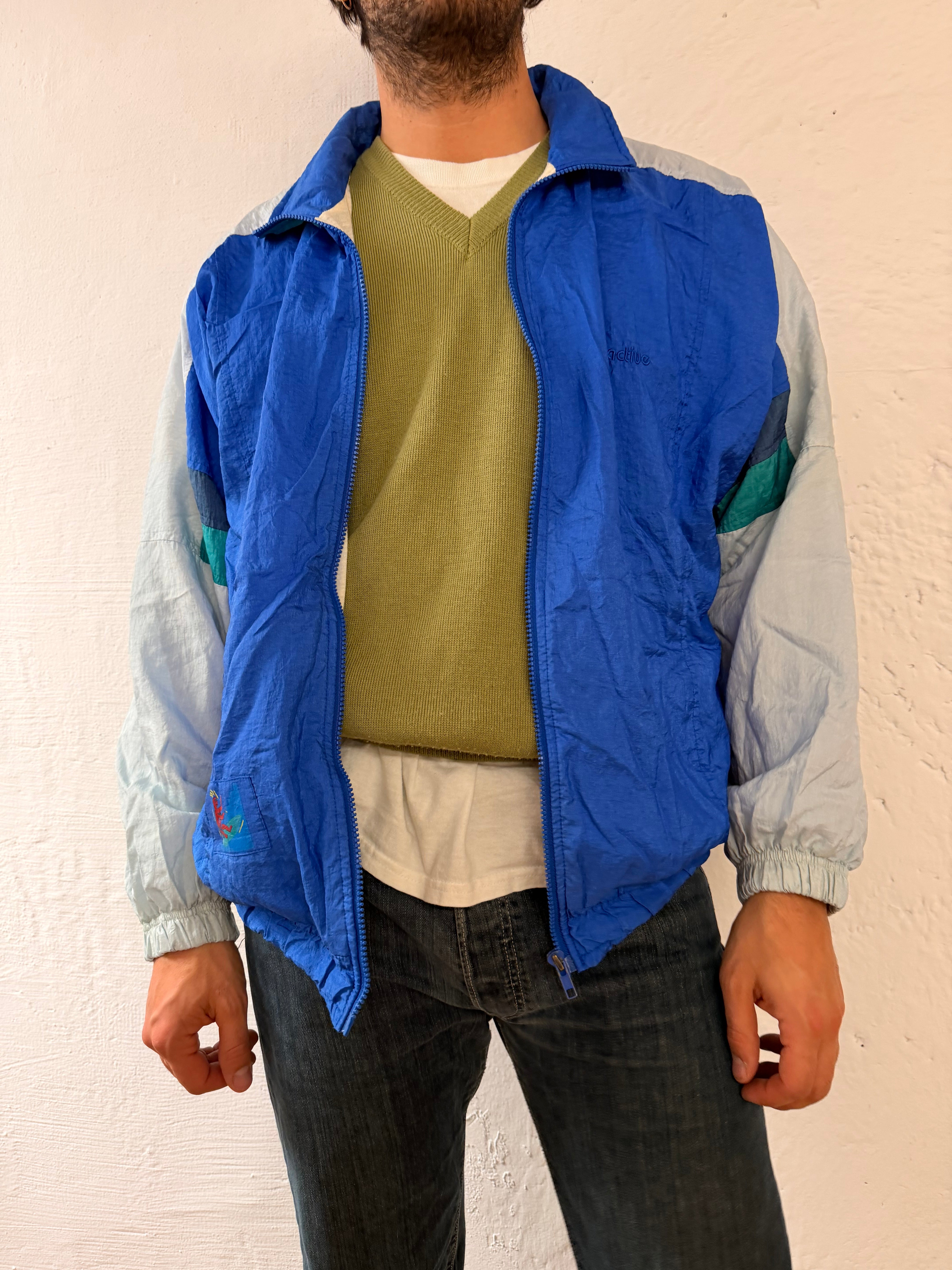 Vintage Track Jacket Blue White & Turquoise Polyester Unisex – L