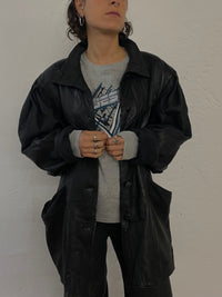 Vintage Leather Jacket Puff Sleeves Oversized Black – L