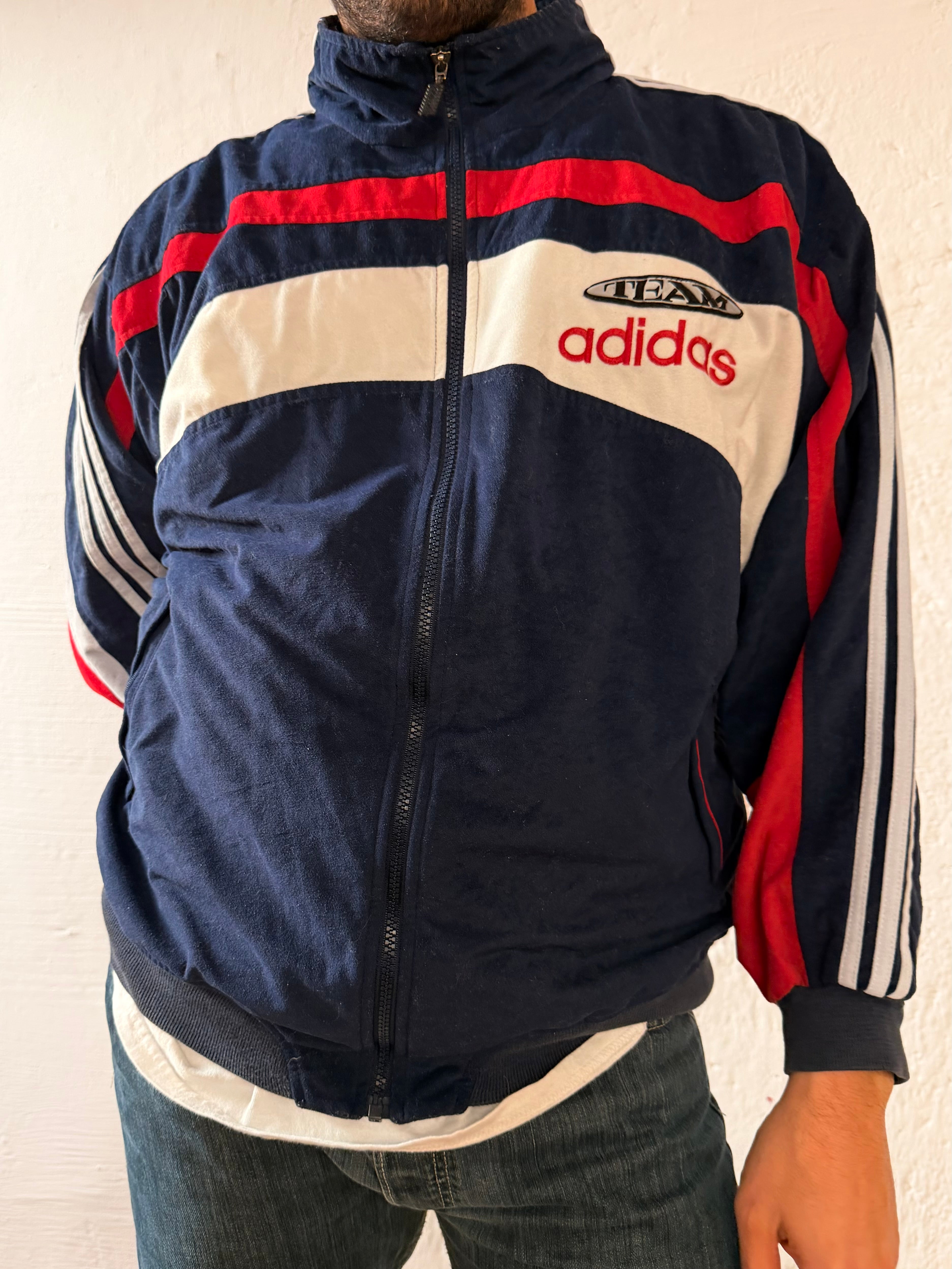 Vintage Oversized Sport Jacket Adidas Blue White & Red Cotton Blend – XL