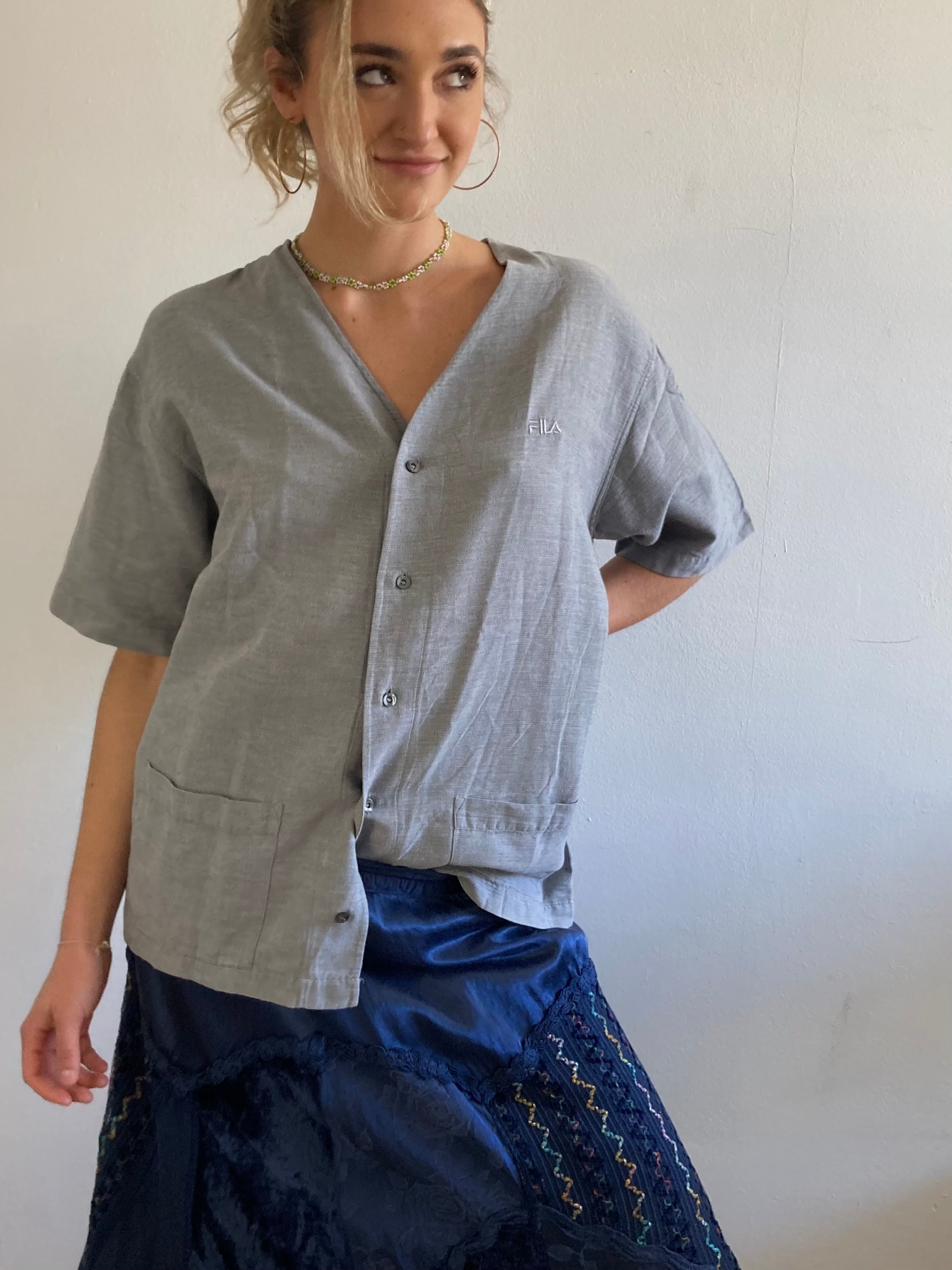 Shirt Fila Oversized Vest Grey Logo Lightweight Summer Layering Unisex – L