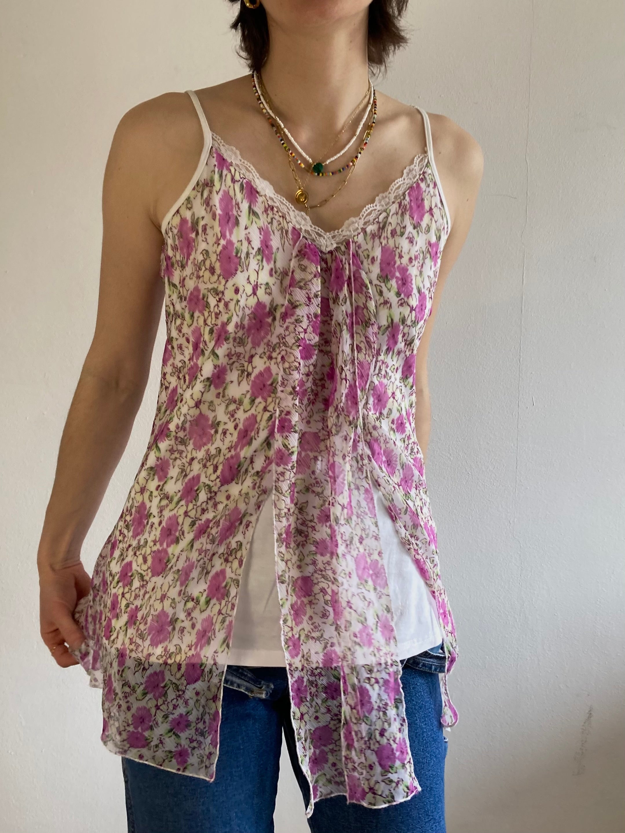 Top Y2K Long Lace Floral Pink White Shirt Women – M